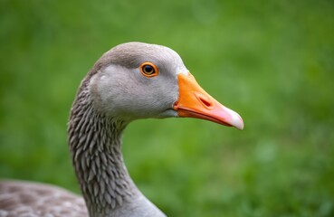 Close-up portrait of a grey goose with orange beak on a blurred green lawn. The wild bird has detailed feathers and eye, standing in a farm environment. Focus on the animal head and neck.