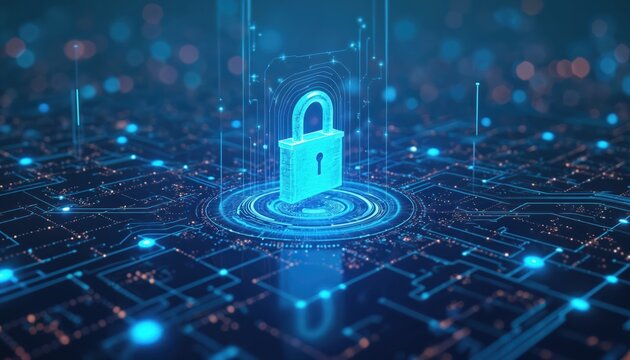 Futuristic illustration of glowing blue padlock cyber security, data protection. Padlock centered on circuit board with illuminated lines, nodes, representing technology, network operations. SIEM, AI