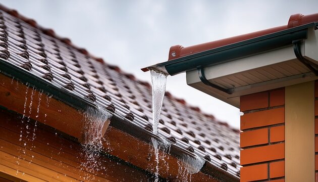 leaking roof gutters rain gutter overflowing with water on roofing rainy weather downpour and extreme weather conditions