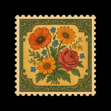 Vintage floral postage stamp illustration animation isolated asset, transparent 4K video, alpha channel, ProRes 4444