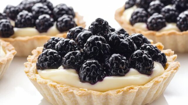 A close-up shot of a tart filled with juicy blackberries, perfect for a summer dessert or snack