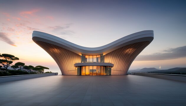 modern building with smooth curves and glass accents captured against light gray sky at dawn