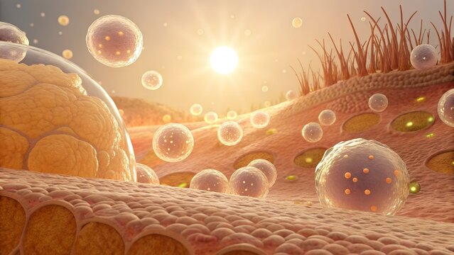 Cinematic visualization of melanin production &mdash; melanocytes delivering pigment to keratinocytes after sun exposure, UV light interactions glowing