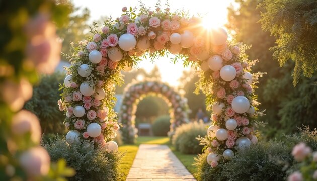 Wedding garden party scene features floral garlands with white balloons adorning arches. Sunlight streams through plants, creating a dreamy, romantic atmosphere for an outdoor celebration.