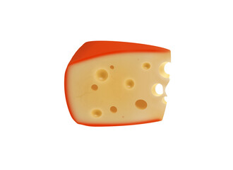 Realistic Emmental-style cheese slice with holes and bottomless rind