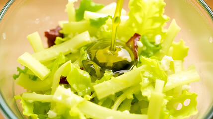 Lettuce tossed in salad bowl with olive oil splash and motion.