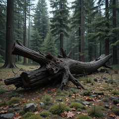 A broken old pine tree lies on the ground in a coniferous forest.