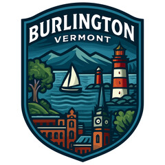 Fototapeta premium A colorful illustration showcasing Burlington, Vermont, with its iconic landmarks and scenery. USA city vector badge – flat style design emblem label sticker, transparent background
