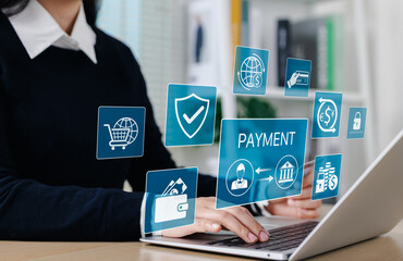 Secure Online Payment and Digital Transaction Concept. Businesswoman using laptop with icons representing online payment, secure financial transactions, digital wallets, fintech, e-commerce technology