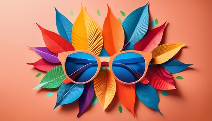 Obraz premium a vibrant paper collage showcases stylish sunglasses surrounded by cheerful colorful paper leaves evoking the spirit of a trendy summer vacation in a playful aesthetic