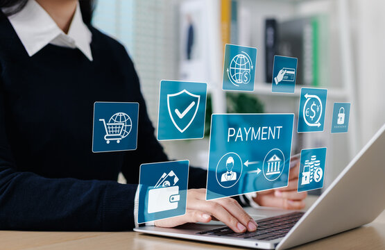 Secure Online Payment and Digital Transaction Concept. Businesswoman using laptop with icons representing online payment, secure financial transactions, digital wallets, fintech, e-commerce technology