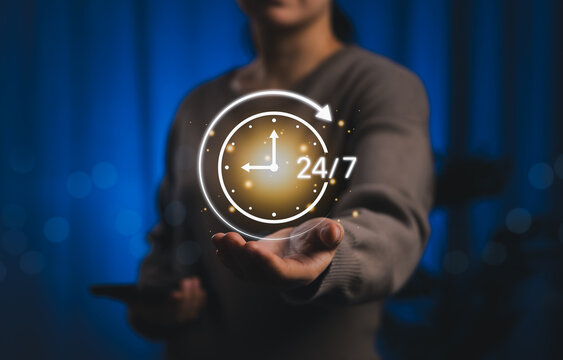 24/7 Customer Support and Availability Service Concept. Woman holding glowing 24/7 clock icon, round clock customer service, continuous business operations, always on support, nonstop assistance,