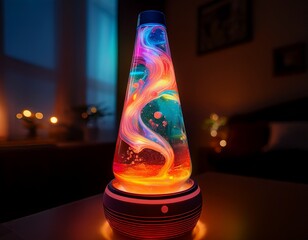 a retro lava lamp swirls with colorful fluid and hypnotic glow in a nostalgic animated scene