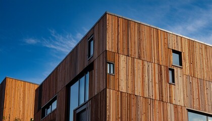 closeup of modern wooden building facades highlighting unique architectural styles