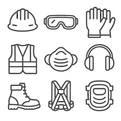 Fototapeta premium Safety Equipment Icons. Line style icons of safety equipment: hard hat, safety goggles, work gloves, safety vest, dust mask, ear