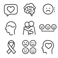 Mental Health Icons. Line style icons of emotional and psychological concepts: heart in speech bubble, brain with cloud, sad face