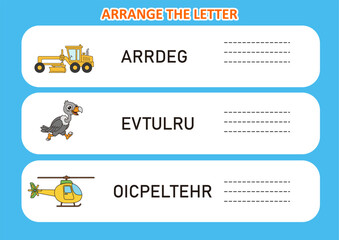 arrange the letter in order. worksheet  grader vulture helicopter for kids