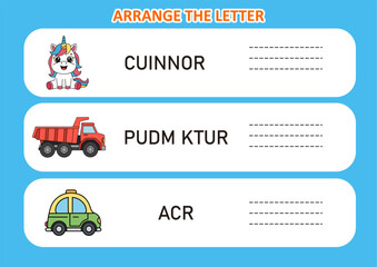 arrange the letter in order. worksheet   unicorn car for kids
