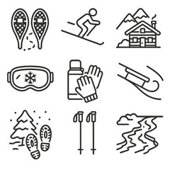 Obraz premium Winter Activity Icons. Line style icons of snow and winter activities: snowshoes and trail, skier on slope, mountain lodge icon,