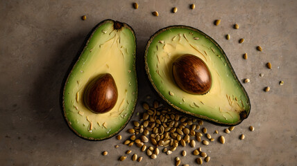 Avocados cut in half with seeds visible