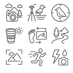 Fototapeta premium Outdoor Photography Icons. Line style icons of outdoor photography: DSLR with nature background, tripod and lake, bird in focus