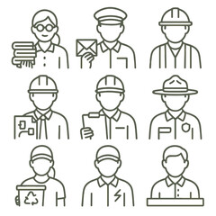 Public Services Icons. Line style icons of public service occupations: librarian with books, post office worker, sanitation worker