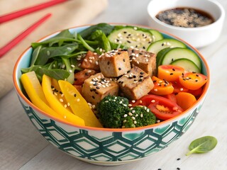 Buddha bowl with tofu, veggies, and sesame seeds.