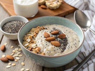 Overnight oats with almond milk and chia seeds.