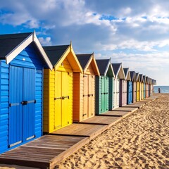 Naklejka premium Colorful beach huts on a sandy shore (1)