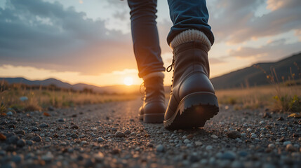 Camera follows heavy duty brown leather boots with handmade wool socks walk in slow motion towards sunset or sunrise. concept forever young, adventure, explore more, travel inspiration