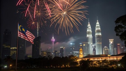 Kuala lumpur skyline fireworks malaysia independence day celebration city lights