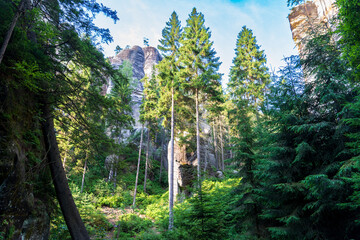 Adrspach, Czech Republic - 20.07.2025: View of the Adrspach-Teplice Rocks with Lake Piskovna. Forest and rocks.