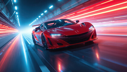 Fototapeta premium Red sports car speeds through neon-lit tunnel, creating streaks of light. Dynamic motion blur captures energy, fast movement. Bold red, blue, white colors create vibrant, futuristic automotive scene.