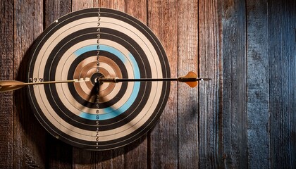 arrow hitting bullseye on rustic target wooden wall