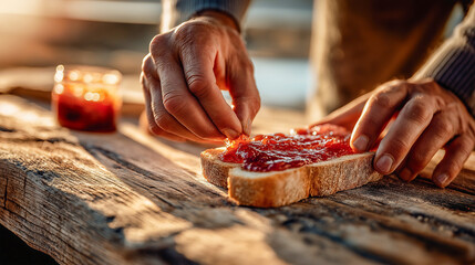Close-up view of hands carefully spreading vibrant red strawberry jam on fresh artisan bread, capturing intimate breakfast preparation moment with warm 
