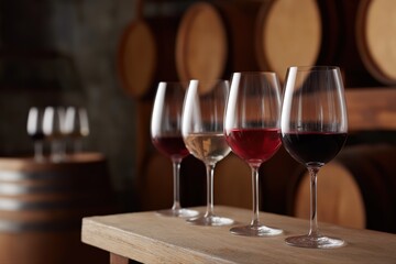 Variety of wine glasses in cellar with wooden barrels