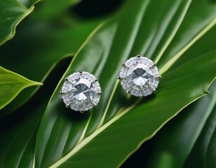 delicate diamond stud earrings showcased elegantly among lush green leaves