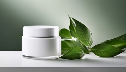 fresh green leaves accenting a clean white skincare product