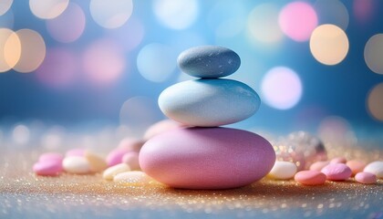 colorful pastel zen stones stacked in balance against soft blue bokeh background with glitter sparkle effect creating serene spa and wellness atmosphere
