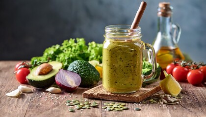 healthy seed oil free sauce in mason jar with fresh salad ingredients on table