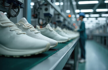 White sneakers move along automated production line in modern footwear factory. Assembly process advanced technology, machinery for mass production of athletic shoes. Focus on manufacturing,