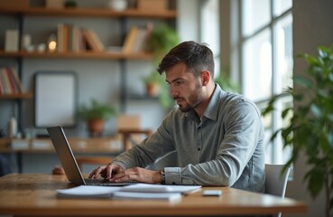 Bearded businessman works on laptop at desk in home office. Young pro types on computer, focusing on task. Modern interior with bookshelves and plants provides comfortable workspace for career.