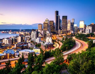 Naklejka premium Seattle skyline at twilight. Urban cityscape, highway curves through foliage, waterfront, skyscrapers. Sunset hues