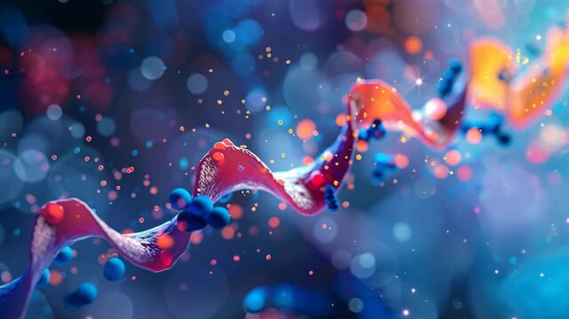 Detailed nano-scale scene of protein folding simulation, ribbon-like molecules twisting in fluid space