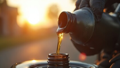 Motorcycle oil pouring from bottle into engine during sunset. Golden sunlight illuminates viscous liquid flow. Technician in gloves performs maintenance. Close-up view highlights engine care, smooth
