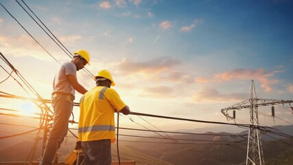 Two electrical lineworkers wearing safety gear work on power lines at sunrise, symbolizing essential infrastructure, teamwork, utility services, the dedication of frontline industrial professionals.