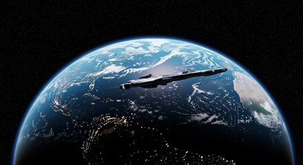 Obraz premium Cosmic Canvas: Earth’s Blue Sphere Framed by a Futuristic Starship