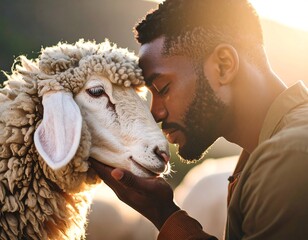 A man and a sheep, close-up, heads nearly touching.  Warm light bathes the scene.  Man's dark skin, stubble, and closed eyes are visible.  Sheep is a light beige.  Hands gently hold the sheep's head