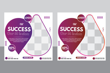 Dynamic Success: A pair of vibrantly designed social media posts promote business achievements, featuring eye-catching elements such as geometric shapes, vibrant gradients, and compelling text.