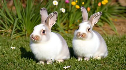Two large sized Angora White gray rabbits sit on green grass on a sunny day before Easter